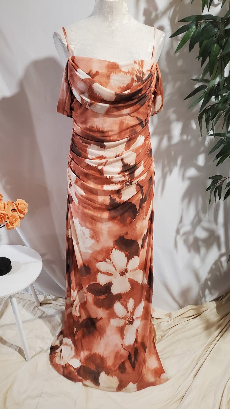 Premier Amour NWOT Mesh Side Slit Ruched Drape Maxi Dress Sz 14 Floral Tropical
